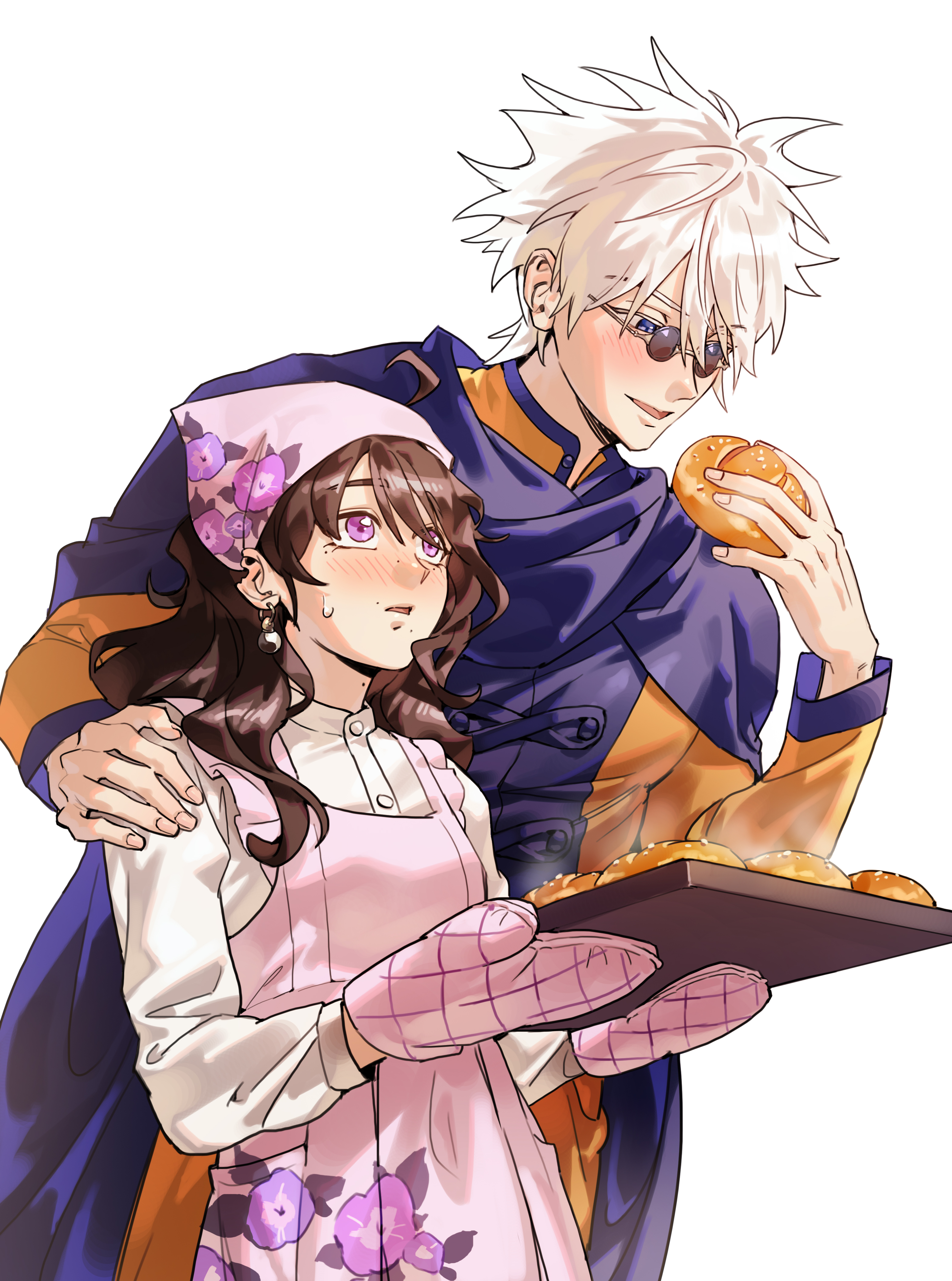 artwork of Yukie and Enishi, who is standing next to them with a hand on their shoulder, tasting the lao po bing they have made for him, looking on nervously